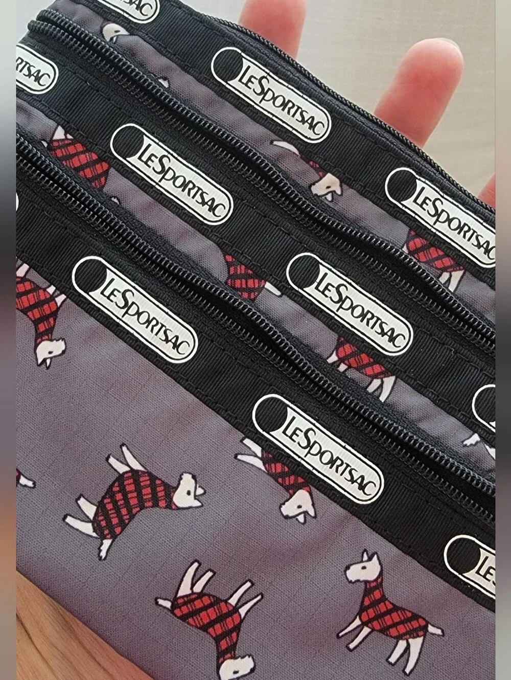 LeSportsac Gray Triple-Zip Pouch with Terrier Toss Print!